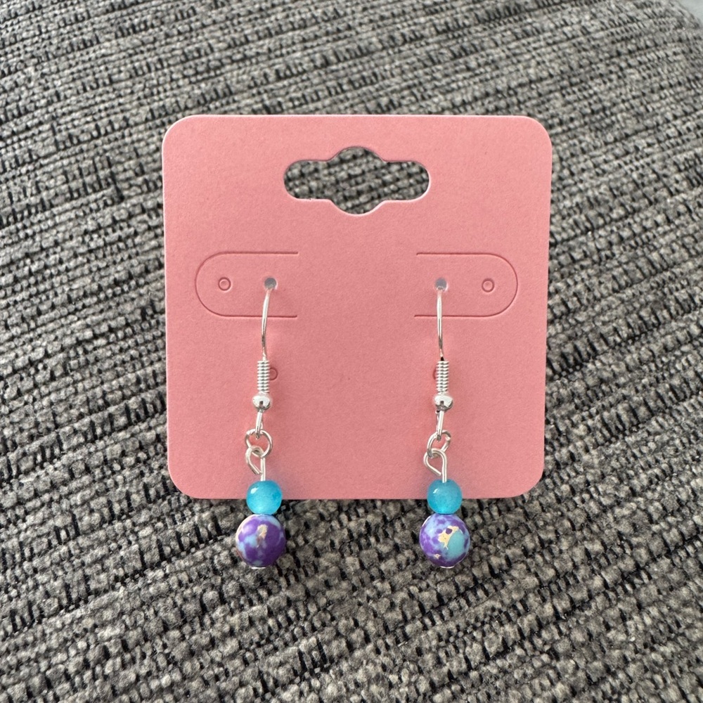 Blue and Purple Jasper Handmade Beaded Stainless Steel Silver Drop Earrings
